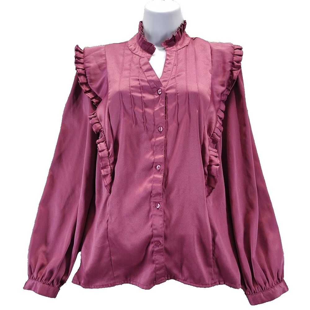 Calligraphie Women's Long Sleeve V-Neck Collared Ruffle Mauve Blouse Top Size L